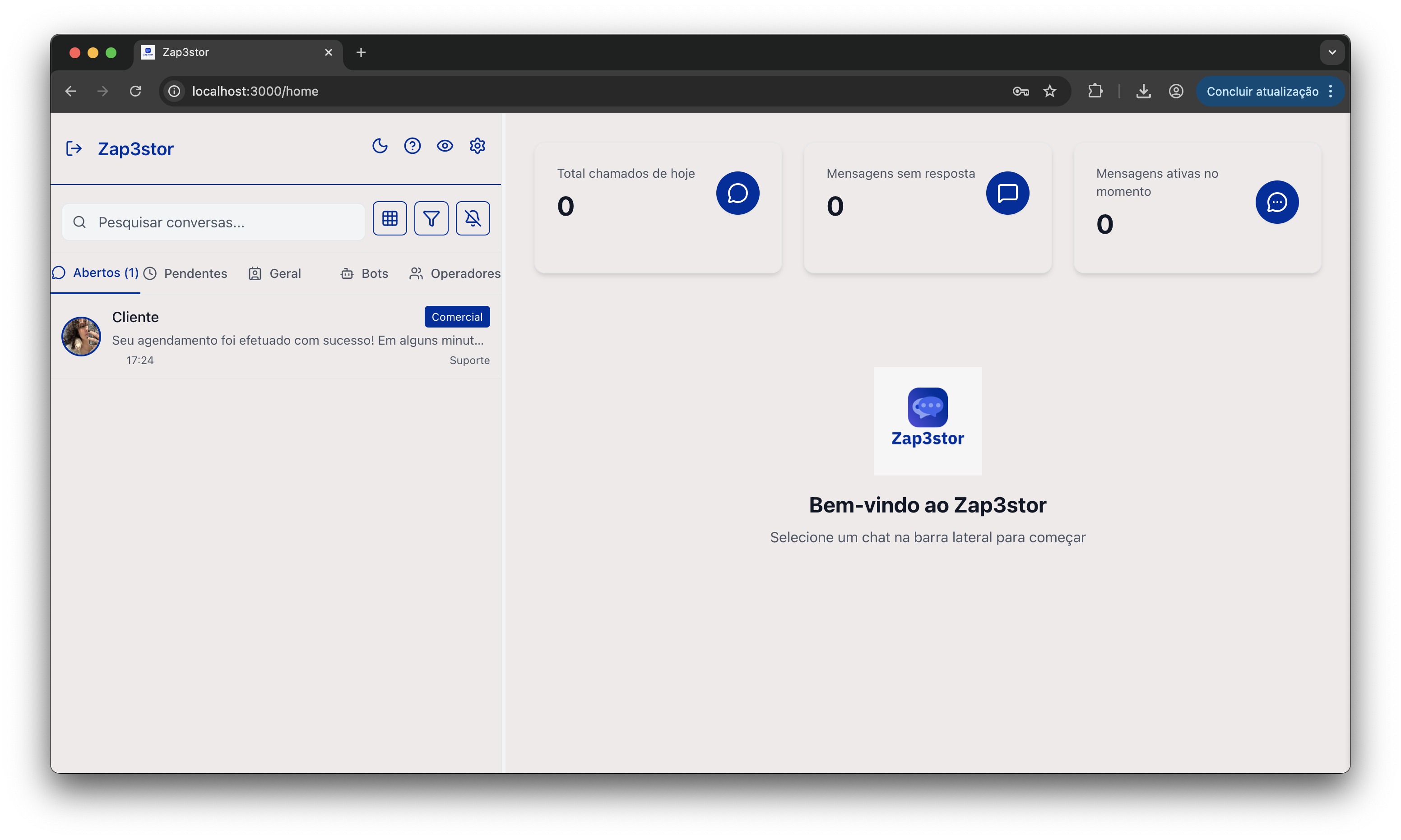 Interface do Zap3stor em operação